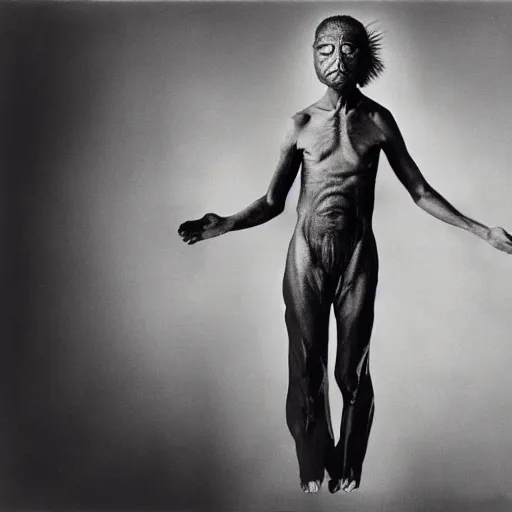 Image similar to a fly / human hybrid, large format film photograph by richard avedon