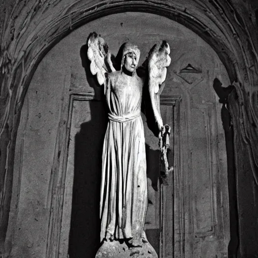 Image similar to several decrepit statues of the archangel gabriel, strewn about in a dark claustrophobic old room, wide shot, sinister, foreboding, grainy photo