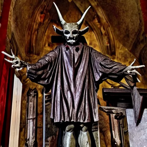 Image similar to satanic demonic creature on a church altar, realistic, horror, evil