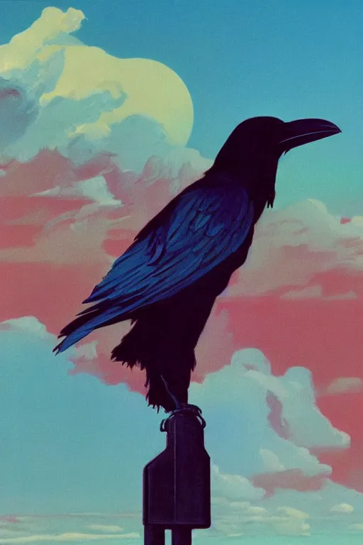 Image similar to a raven standing amongst 8 0 s era technology, vintage shapes, retro technology, dreamy color, wayne barlow, oil on canvas, deep depth of field, masterpiece, cinematic composition, hyperdetailed