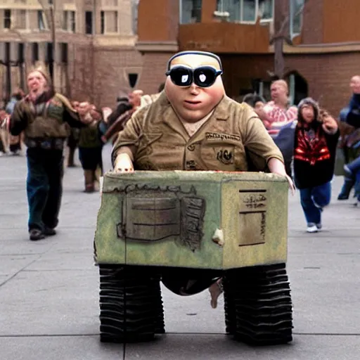 Prompt: fat soldiers, USA war street performers, Wall-E movie