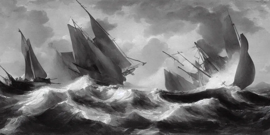 Image similar to A wooden ship wreck muscular sailors waves swell black and white Renaissances painting by George Romney