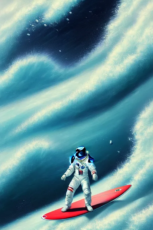 Image similar to a beautiful digital painting of an astronaut in a white space suit surfing the great wave on a surfboard by greg rutkowski, photorealistic, trending on artstation, highly detailed, intricate, unreal engine, octane render