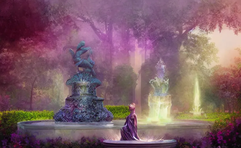 Image similar to The kneeling statue of a woman in a beautiful garden, next to a fountain and a mystical palace, and all this in a foggy and mysterious atmosphere.Fantasy and concept art, colorful digital painting.