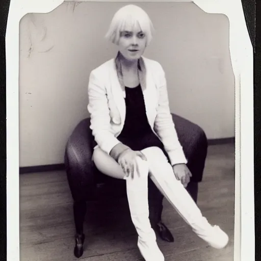 Image similar to Platinum-blonde-haired hime-cut blue-eyed French empress wearing white leggings, black jacket, boots, sitting in public housing apartment, Polaroid photo