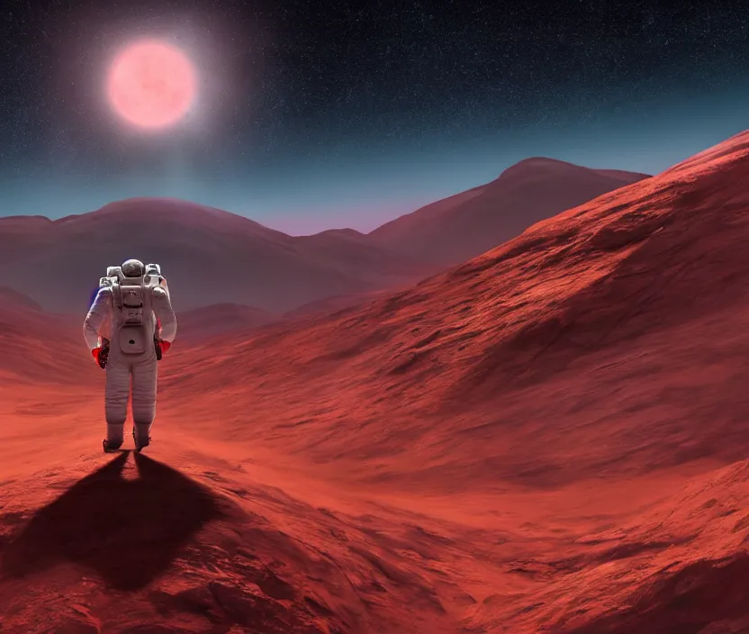 Image similar to a astronaut walking on a mountainous alien planet with a giant red planet with rings appearing in the sky at night, digital art, concept art, trending on DeviantArt, highly detailed, high quality, 8K, cinematic lighting