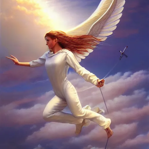 Image similar to realistic painting of a magical angel flying in the sky by michael whelan, ultra realistic, 8 k, trending on artstation, octane renderer, mesmerizing, aesthetic, beautiful