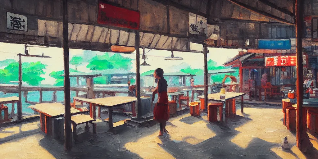 Image similar to interior of a small kopitiam at pulau indah fishing village, near a jetty, early morning, detailed painting, low angle view, telephoto lens, bokeh, studio ghibli, artstation