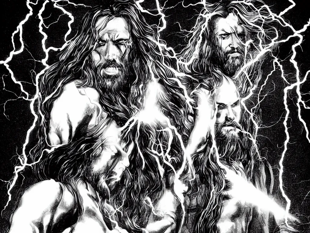 Image similar to jesus christ as a superhero with long hair and white eyes floating above the water shooting lightning out of his hands, sin city, full shot, graphic novel, symmetrical, frontal,