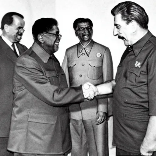 Image similar to stalin shaking hands with thomas sowell