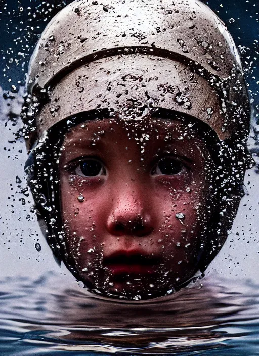 Prompt: beautiful extreme closeup portrait of a young girl fully submerged ecxept of the top of his head, horrified look in his eyes, water reflection, in style of frontiers in helmet motoracing dirt Helmets of Emperor Charles V, highly detailed, soft lighting, elegant,sigma 85mm, Edward Hopper and James Gilleard, Zdzislaw Beksinski, Steven Outram, highly detailed