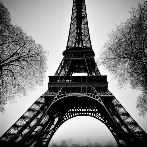 Image similar to a huge figure dehind the Eiffel tower, taken fron the ground, foggy weather, scary, dark, High resolution, creepy