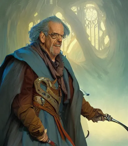 Prompt: Christopher Lloyd as bard, full body, dungeons and dragons portrait, highly detailed, digital painting, artstation, concept art, sharp focus, illustration, art by artgerm and greg rutkowski and alphonse mucha