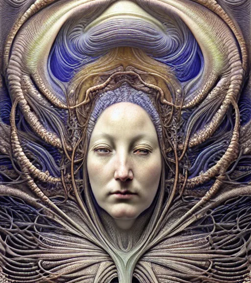 Image similar to detailed realistic beautiful clam goddess face portrait by jean delville, gustave dore, iris van herpen and marco mazzoni, art forms of nature by ernst haeckel, art nouveau, symbolist, visionary, gothic, neo - gothic, pre - raphaelite, fractal lace, intricate alien botanicals, ai biodiversity, surreality, hyperdetailed ultrasharp octane render