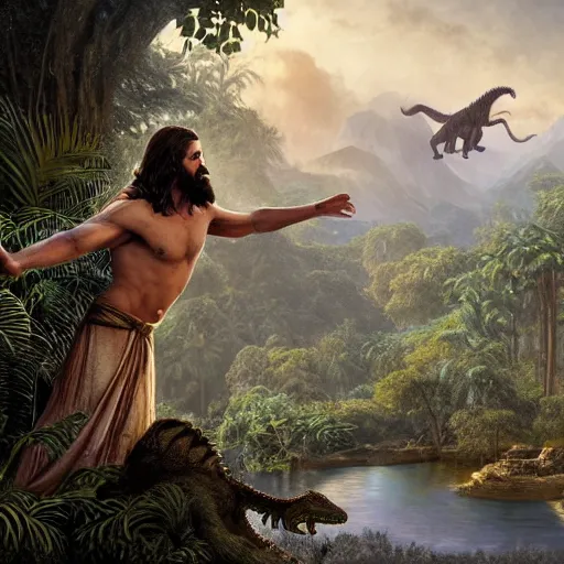 Image similar to a detailed matte painting of a ridiculously good looking jesus who is best friends forever with a tyrannosaurus rex, elegant ancient greek dress, jungle as the background, drinking a martini, very detailed, beautiful, intricate, art by greg rutkowski and robert e howard, octane render