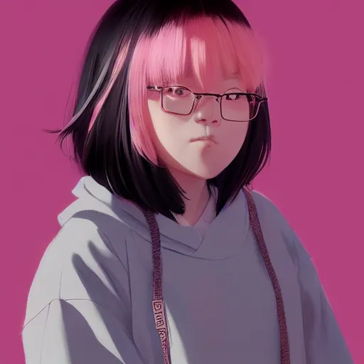 Prompt: portrait of a slightly overweight cute korean girl with a Bob cut, wearing round glasses, wearing a pastel pink hoodie, dramatic lighting, anime illustration by Greg rutkowski, yoji shinkawa, 4k, anime style digital art, concept art, detailed anime art, trending on artstation