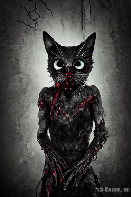 Image similar to creepy dark demonic zombie cat, ominous, photorealistic, highly detailed