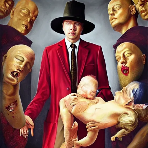 Image similar to hyper realistic painting of a handsome man symmetrical, sitting in a gilded throne, tubes coming out of the man's arm with blood, getting a blood transfusion from a baby, bloody ivs, plague doctor in the background created by wes andersson