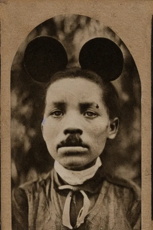 Image similar to a 1 9 0 5 colonial closeup portrait photograph of mickey mouse in a village at the river bank of congo, thick jungle, portrait shot