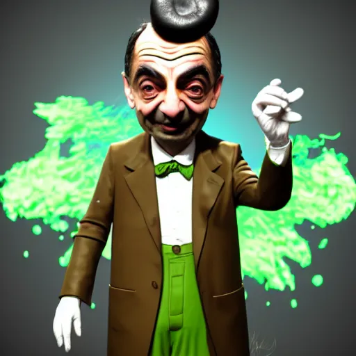 Image similar to mr. bean depicted as a mad scientist, wearing a lab coat, mixing green acids, digital art, trending on artstation and unreal engine