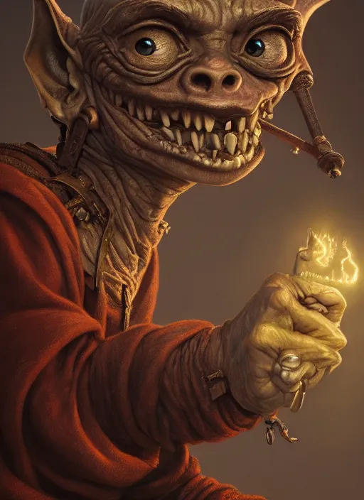 Prompt: highly detailed closeup portrait of a medieval goblin rolling dice, stephen bliss, unreal engine, greg rutkowski, ilya kuvshinov, ross draws, hyung tae and frank frazetta, tom bagshaw, tom whalen, nicoletta ceccoli, mark ryden, earl norem, global illumination, god rays, detailed and intricate environment