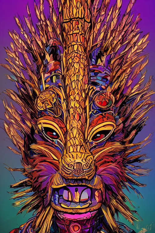 Image similar to totem animal tribal chaman vodoo mask feather gemstone plant wood rock video game illustration vivid color borderlands by josan gonzales and dan mumford radiating a glowing aura