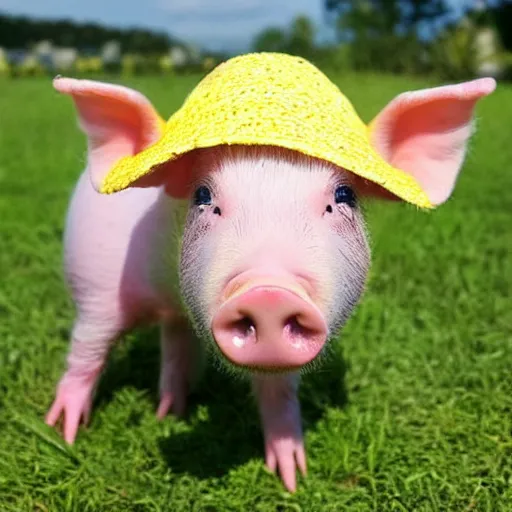 Prompt: beautiful miniature pig wearing a sunhat, piglet, piggy, baby animal, cute, adorable, summer