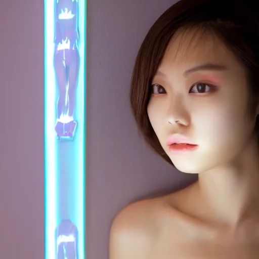 Prompt: beautiful japanese model with led projection skin, neon lighting, portrait photo