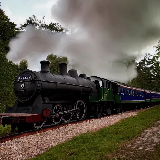 Prompt: the hogwarts express jacobite steam train, the train is coming at the camera, behind the train is a epicly lit cloud, loads of steam, dramatic light, night scene, greg rutkowski, zabrocki, karlkka, jayison devadas, trending on artstation, 8 k, ultra wide angle, zenith view, pincushion lens effect