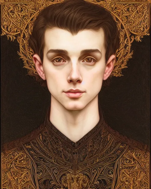 Prompt: symmetry portrait of welsh brunette fully clothed princess disguised as a young man, short hair, renaissance, forest background, intricate, elegant, highly detailed, digital painting, artstation, concept art, smooth, sharp focus, illustration, art by artgerm and greg rutkowski and fra angelico and alphons mucha