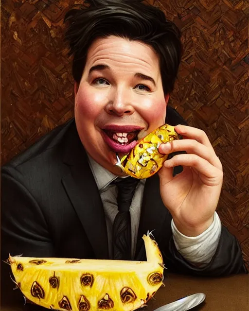 Image similar to Portrait of a drunk Michael Mcintyre eating a pineapple in a nightclub in Porto,real life skin, intricate, elegant, highly detailed, artstation, concept art, smooth, sharp focus, art by artgerm and greg rutkowski and alphonse mucha