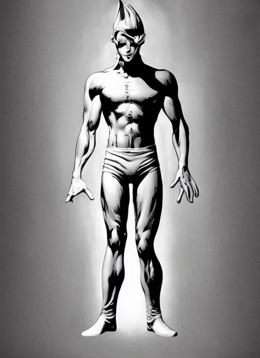 Image similar to aesthetic digital illustration of a solitary mischievous young man standing in an empty white room by brian bolland, rachel birkett, alex ross, and neal adams | sinister, dangerous, character concept, concept art, unreal engine, finalrender, centered, deviantart, artgerm