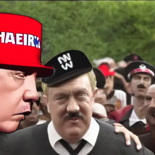 Image similar to hitler wearing a maga hat, rap video still,