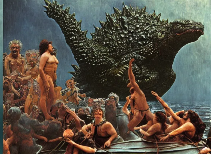 Image similar to wet slimy godzilla attacking the raft of the medusa, painting by lawrance alma - tadema by roger corman by richard corben by rick baker, 4 k, hyper - realistic, highly detailed