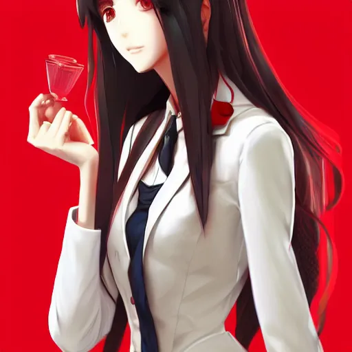 Image similar to kurisu makise, elegant, ultra highly detailed, digital painting, smooth, sharp focus, artstation, top-down shot, red background, art by Ina Wong