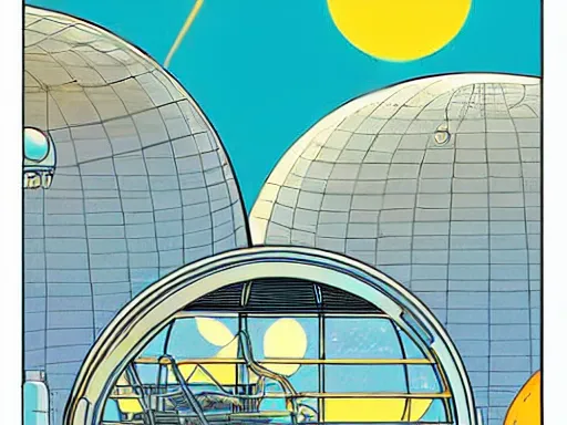 Image similar to a scifi illustration, hyper detailed external view of a lunar colony. cinematic wes anderson composition. flat colors, limited palette in FANTASTIC PLANET La planète sauvage animation by René Laloux