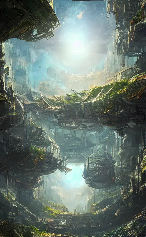 Image similar to space utopia where the path ways are filled with fauna, intricate building design, dynamic lighting, photorealistic fantasy concept art, trending on art station, stunning visuals, creative, cinematic, ultra detailed, ray tracing, sun rays