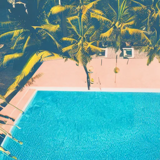 Prompt: aerial view of an elegant swimming pool, palm trees, kodak portra 4 0 0, vaporwave colors, faded effect, 9 0 s vibe, tropical vibe,