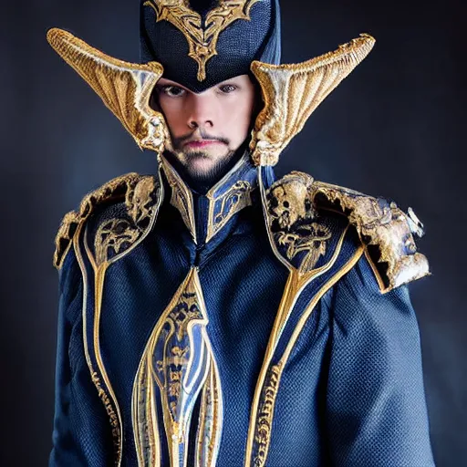 Image similar to low angle upper view of adult Austin Butler dressed in futuristic-baroque prussian blue duelist-garb with Griffin-Ram embroidery emblem, and nanocarbon-vest and greaves, standing in an arena in Dune 2020, XF IQ4, f/1.4, ISO 200, 1/160s, 8K, RAW, unedited, symmetrical balance, face in-frame