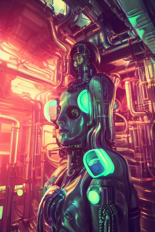 Prompt: portrait of humongous cyberpunk female android, symmetric, body full glowing vacuum tubes, realistic digital art, 3 d render of futuristic steampunk generators inside a huge steampunk engine, 8 k, fluorescent colors, halluzinogenic, multicolored, exaggerated detailed, unreal engine, by moebius