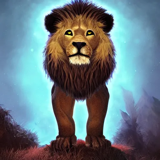 Image similar to bioluminescent cute furry lion on a dreamy biome of oddities, enchanted, magical, fantasy, hyper realism, intricate, digital art, detailed, studio shot, unreal engine 5, octane, high definition, smooth, artstation, behance