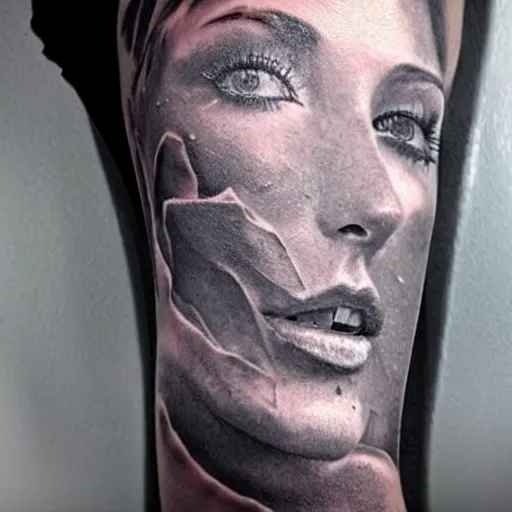 Image similar to realistic tattoo sketch of kate kuray face double exposure effect with a mountain scenery, in the style of matteo pasqualin, amazing detail, sharp