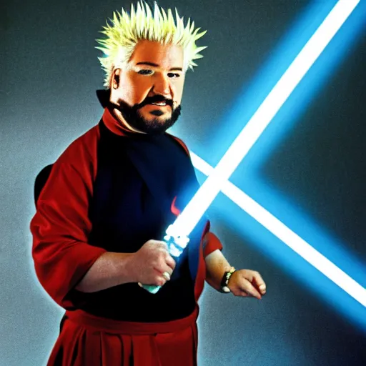 Prompt: Guy Fieri in Star Wars, Jedi Knight, blue light saber, cinestill 400t film, 35mm lens, by Stanly Kubrick, ultra high quality