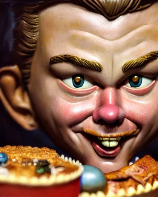 Image similar to highly detailed closeup, face profile portrait of a tin toy leonardo dicaprio as a medieval goblin eating cakes in a castle, hyper realistic, artstation, illustration, nicoletta ceccoli, mark ryden, lostfish, dan decarlo, bob clampett, max fleischer, digital paint, matte paint, vivid colors, detailed and intricate environment