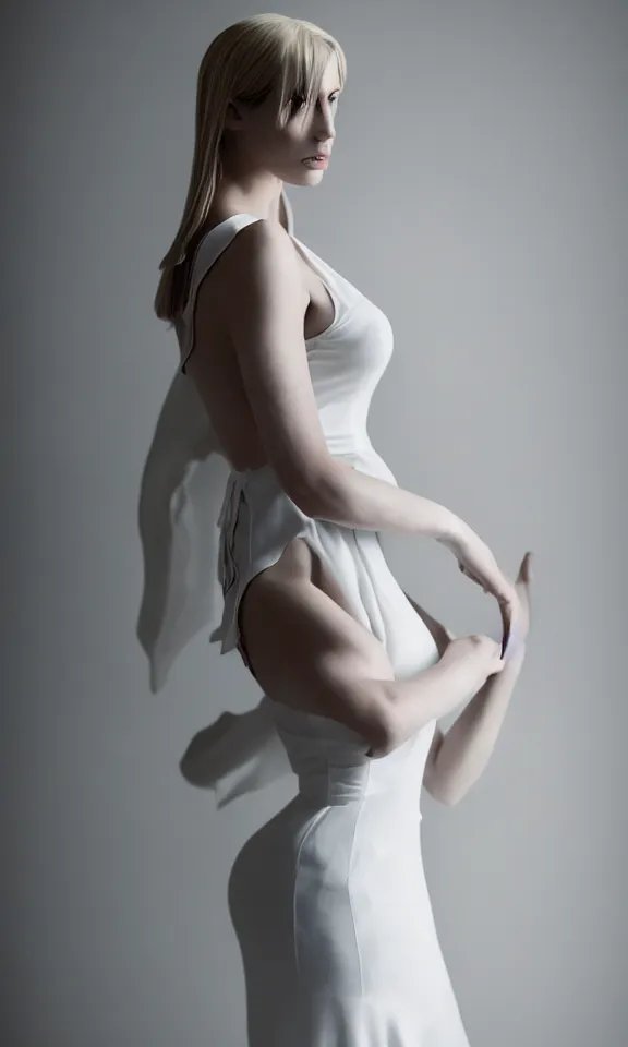 Image similar to photo of gorgeous seductive tall emily skinner cosplaying annie leonhart wearing elegant white dress, wearing open toe heels, in a white room, beautiful face, pale skin, rule of thirds, cinematic lighting, sharp focus, backlit, stunning, smooth, hard focus, full body shot, studio photo, shot on sony a 7 iii