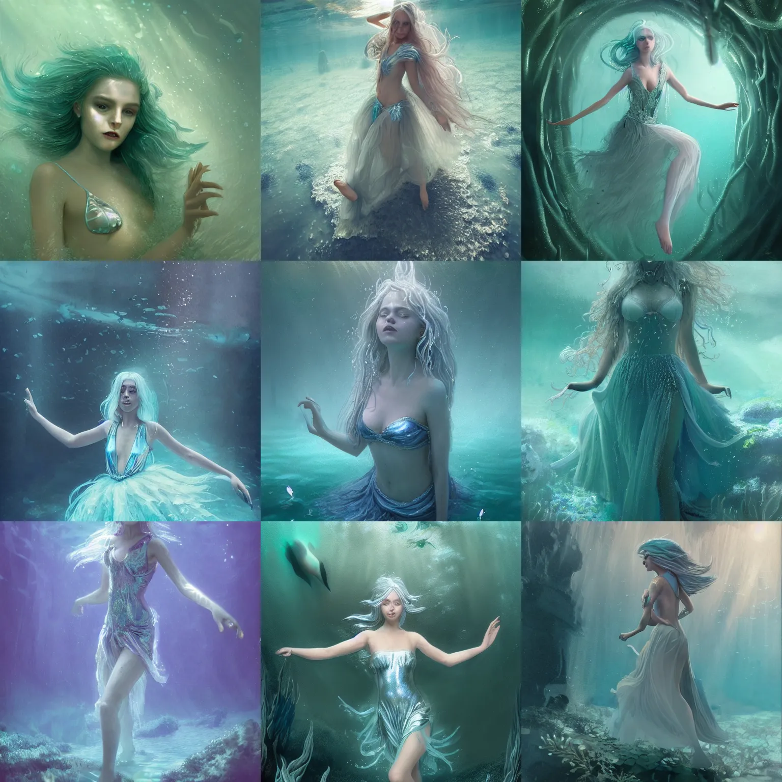 Prompt: A silver haired mad princess, dressed in a beautiful, fancy silver dress, floathing underwater in a lake, mystical, atmospheric, greenish blue tones, underwater photography, concept art by Annie Stegg Gerard, Ian David Soar and Greg Rutkowski