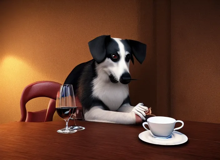 Image similar to a portait picture of a dog wearing a formal suit near a table with a cup of wine, concept art, octane render, unreal engine 5, 4K, symmetrical, low contrast, serene landscape, calm, relaxing, high quality, highly detailed, high coherence, path tracing, natural light, trending on DeviantArt