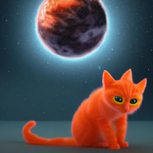 Prompt: A fuzzy orange cat sitting on planet earth, space with stars in the background, eerie vibes, trending on artstation, 3D animation