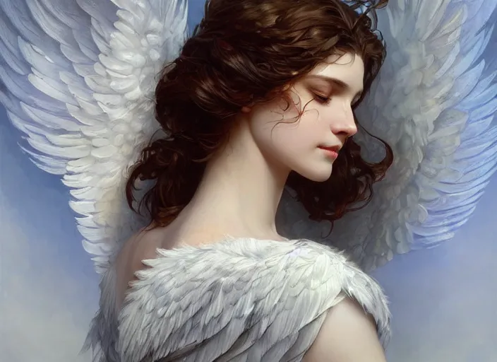 Image similar to a beautiful angel with feathered white wings, d & d, face, fantasy, intricate, elegant, highly detailed, digital painting, artstation, concept art, smooth, sharp focus, illustration, art by artgerm and greg rutkowski and alphonse mucha