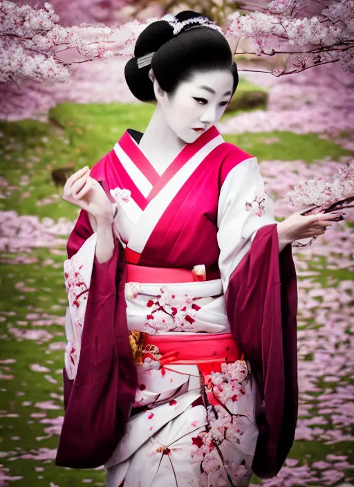 Prompt: Beautiful Japanese geisha portrait upper body shot, 1920s geisha, young woman, in color, half body photo, traditional geisha clothing, geisha makeup, geisha hairstyle, hyper realistic, 8k, trending, professional photography, cherry blossom background